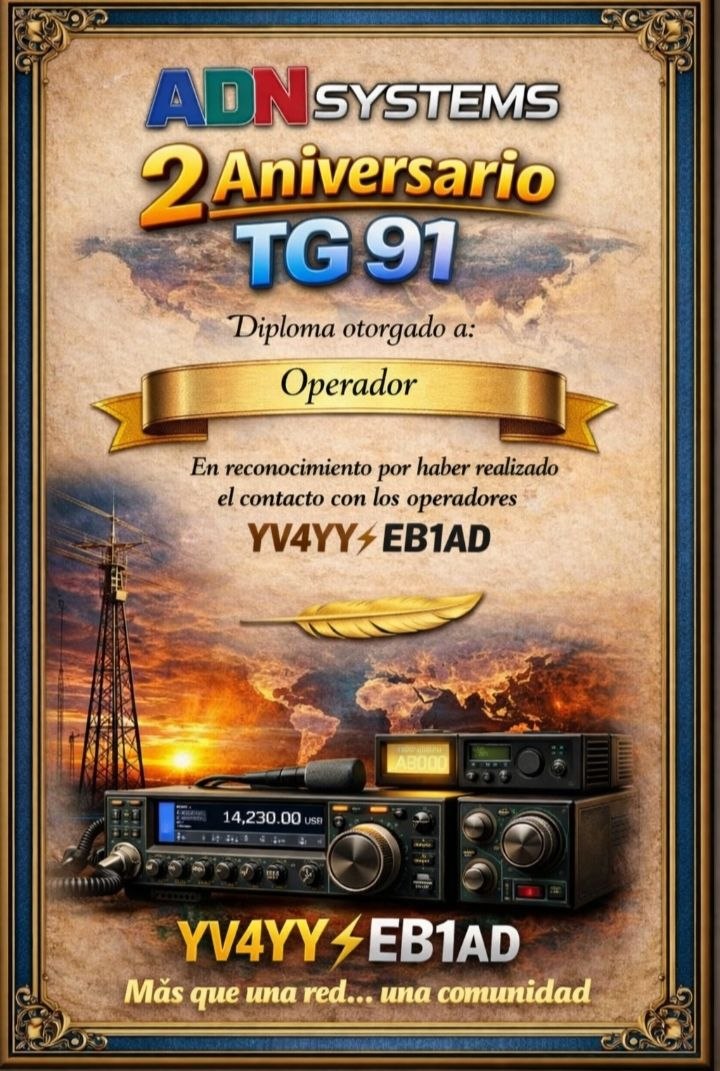 Diploma 2do Aniversario ADN Systems TG 91 YV4YY EB1AD