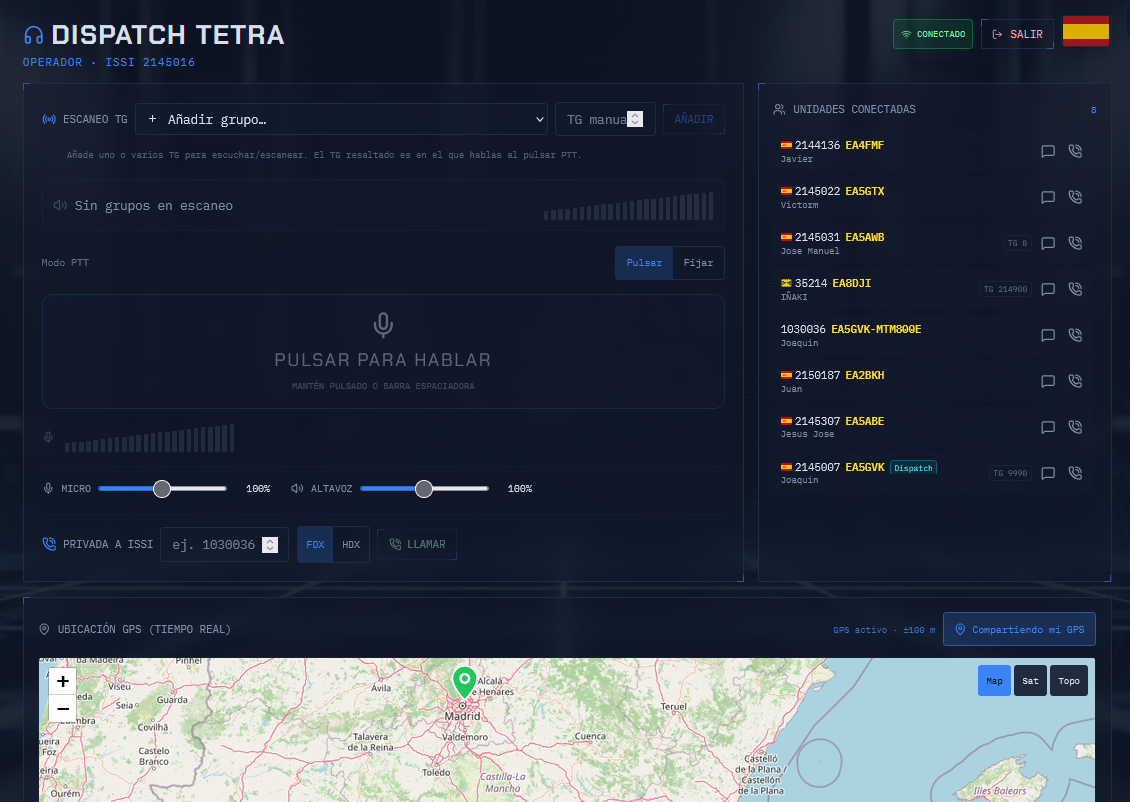 Consola Dispatch TETRA de TETRABREW EA: PTT, escaneo de talkgroups, unidades y mapa GPS